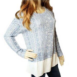 Kiara Small Blue Patterned Long Sleeve Knit Sweater With White Hem fall orchard